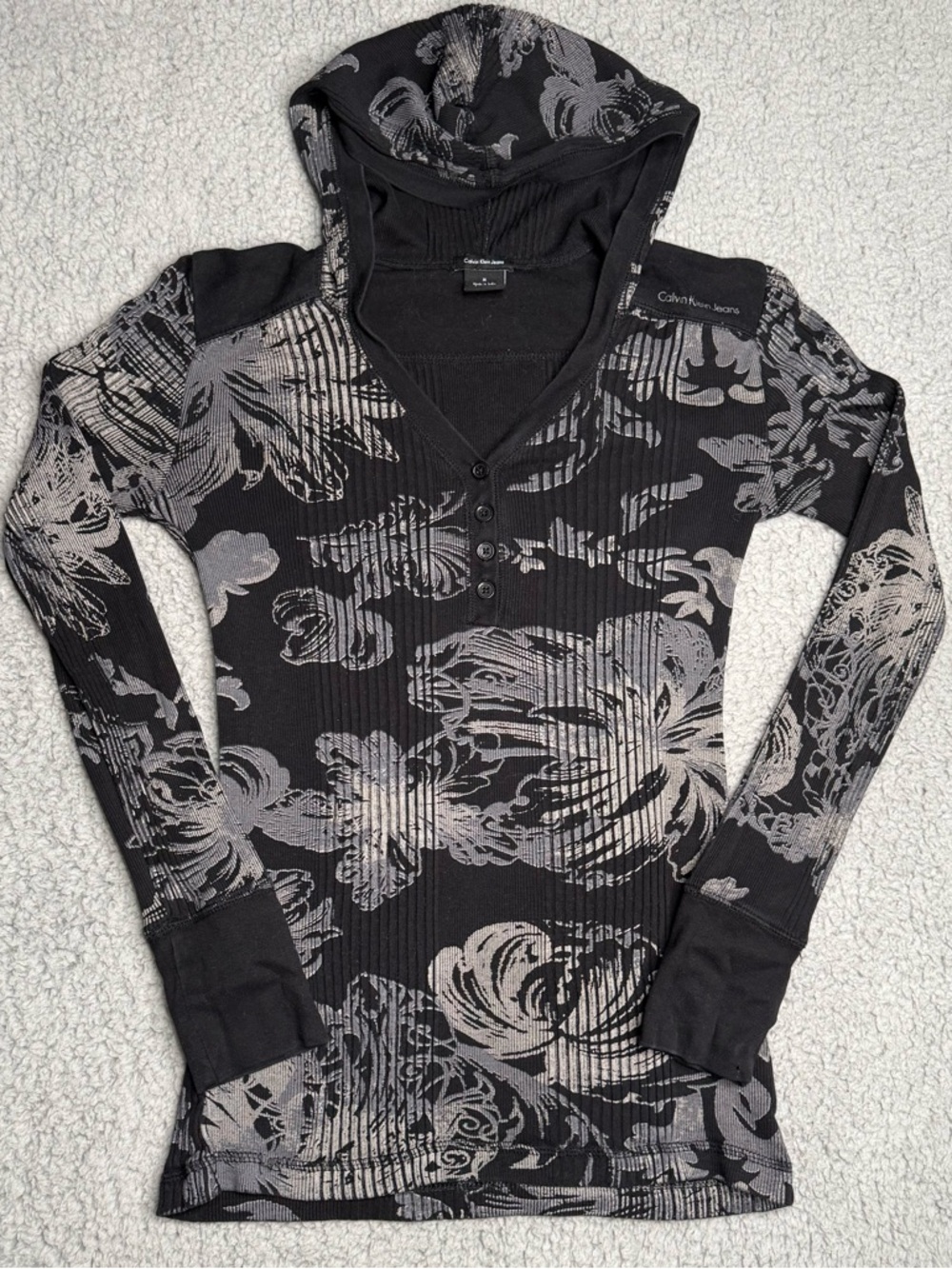 Calvin Klein Jeans black gray floral hooded henley top ribbed fitted long sleeve